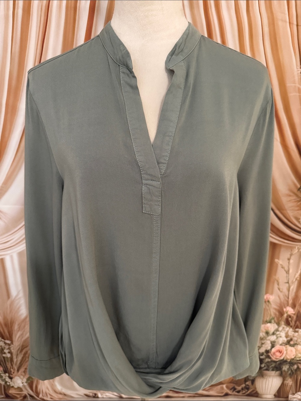 Long-Sleeve V-Neck Draped Blouse in Sage Green